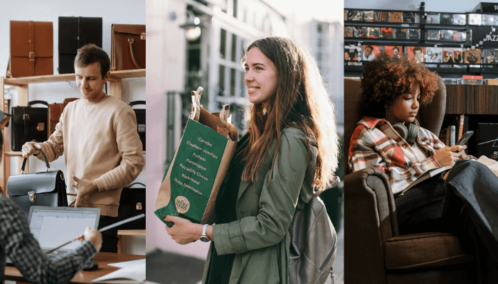 Externalizar el marketing digital para enfocarte en tu negocio Externalizar con una agencia de marketing. Una imagen de un hombre viendo bolsos y mochilas, una mujer con una bolsa de papel con la compra y una mujer joven con un móvil de teléfono.