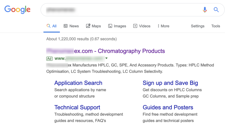 Extensiones de anuncios en Google Ads: el recurso para mejorar tu rendimiento publicitario sitelinks chromatography example 63c86ce3f19d1 sej 768x430 1